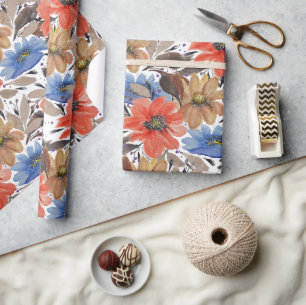 Pastel Terracotta Blaue Flora Muster Geschenkpapier