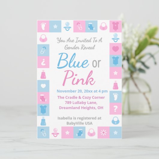 Pastel Tiny Icons Geschlechtsenthüllung Einladung (Stehend Vorderseite)