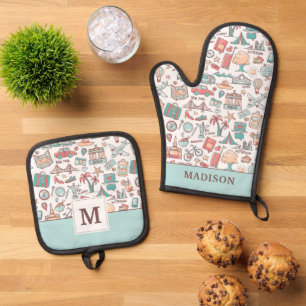 Pastel Tourist Muster Ofenhandschuh & Topflappen-Set