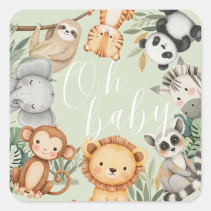 Pastel Tropical Baby Dusche Jungle Safari Tiere Quadratischer Aufkleber