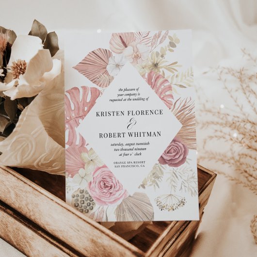 Pastel Tropical Foliage Hochzeit in Urlaubsort Einladung