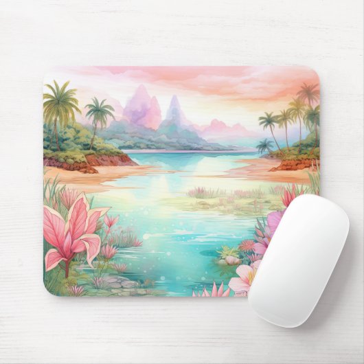 Pastel Tropical Island Beach Sunset Mountains Mousepad (Mit Mouse)