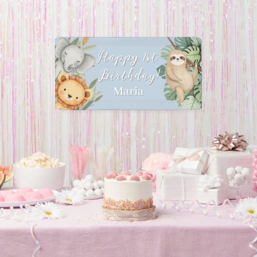 Pastel Tropical Wild One Jungle Safari Foto Banner (Party)