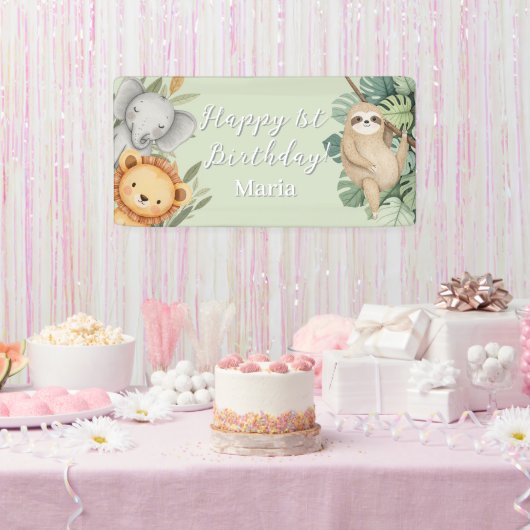 Pastel Tropical Wild One Jungle Safari Foto Banner (Party)