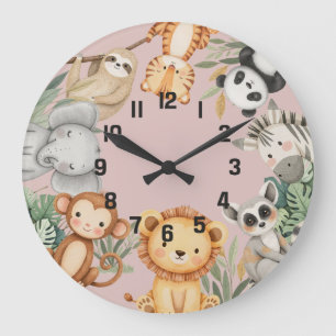 Pastel Tropical Wild One Jungle Safari Tiere Große Wanduhr