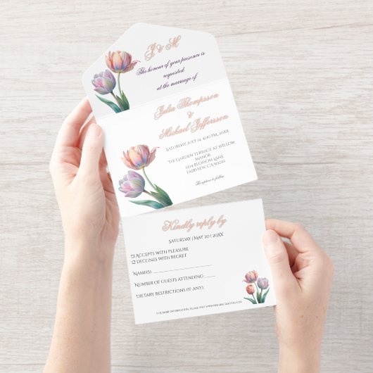 Pastel Tulip Wedding Suite Elegante Typografie All-in-One-Einladung (Abreißstreifen)
