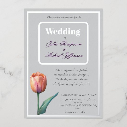 Pastel Tulip Wedding Suite Elegante Typografie Folieneinladung (Vorderseite)