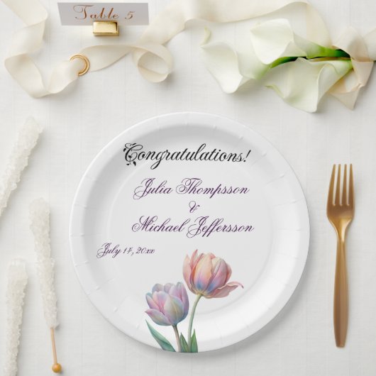 Pastel Tulip Wedding Suite Elegante Typografie Pappteller (Hochzeit)