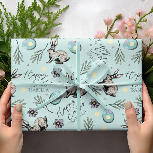 Pastel Turquoise Blue Happy Oaster Bunnies Geschenkpapier