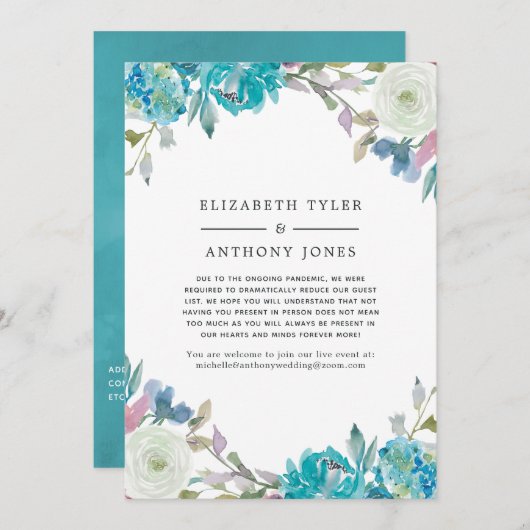 Pastel Turquoise Floral Reduced Guest List Ankündigung (Vorne/Hinten)