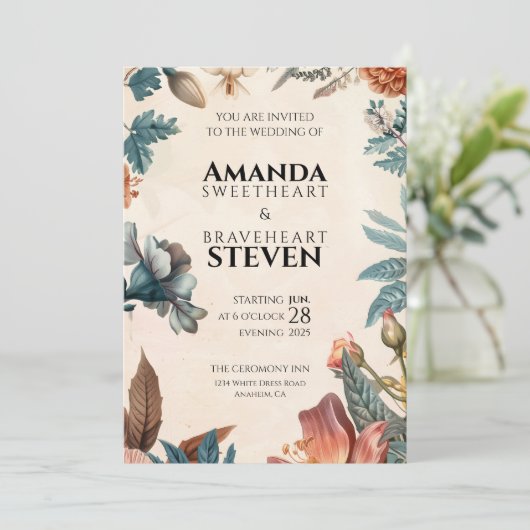 Pastel- und Blumenhochzeit Einladung (Stehend Vorderseite)