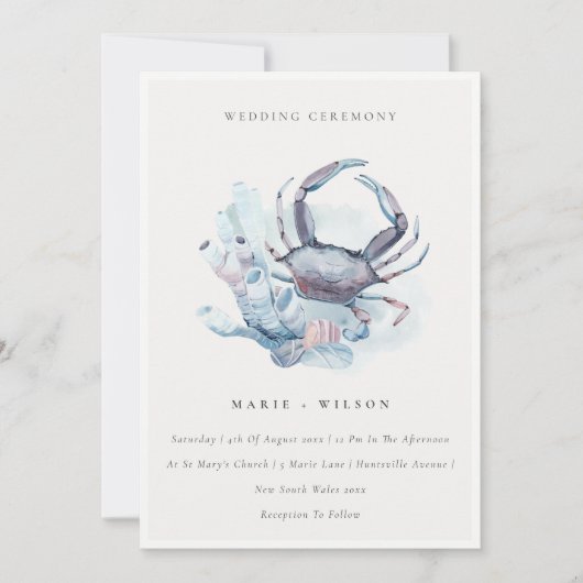 Pastel Underwater Crab Coral Costal Wedite Einladu Dankeskarte (Vorderseite)