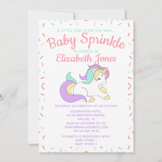 Pastel Unicorn Baby Sprinkle Einladung (Vorderseite)