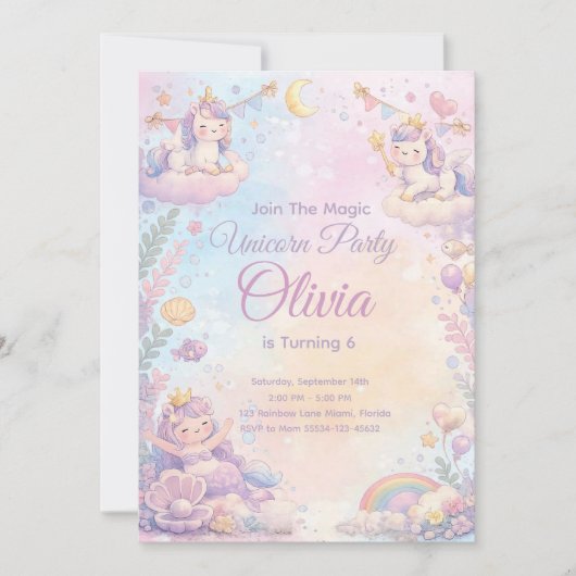 Pastel Unicorn Birthday Invitation Editable Einladung (Vorderseite)