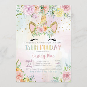 Pastel Unicorn Blumenkinder zum Geburtstag Einladung