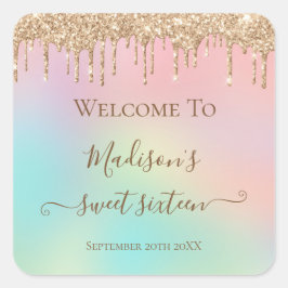 Pastel Unicorn Dripping Gold Glitzer Sweet 16 Quadratischer Aufkleber
