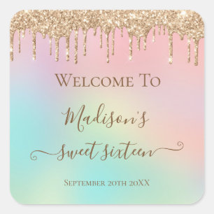 Pastel Unicorn Dripping Gold Glitzer Sweet 16 Quadratischer Aufkleber