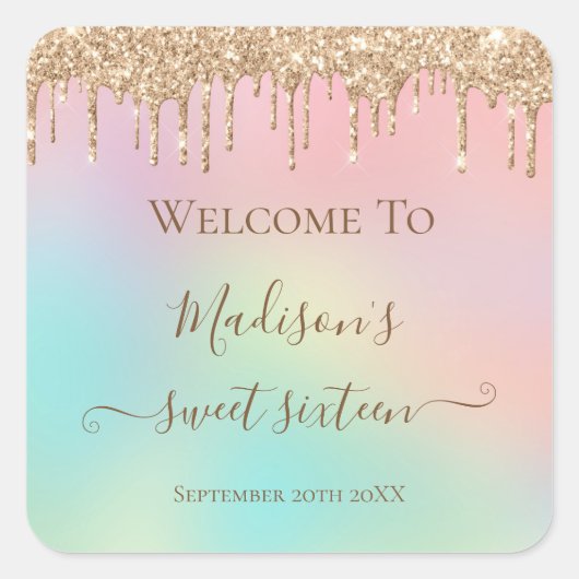 Pastel Unicorn Dripping Gold Glitzer Sweet 16 Quadratischer Aufkleber (Vorderseite)