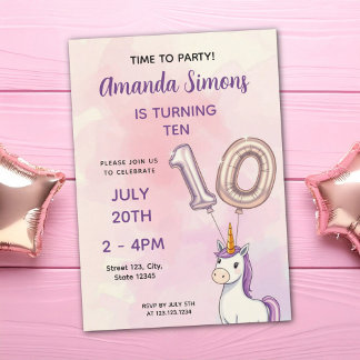 Pastel Unicorn Foil Balloons Girl 10th Birthday Einladung
