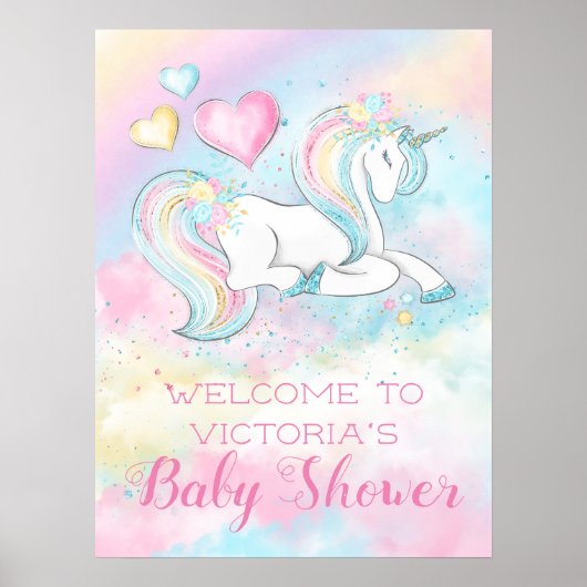 Pastel Unicorn Kinderdusche Einladungen Poster (Vorne)