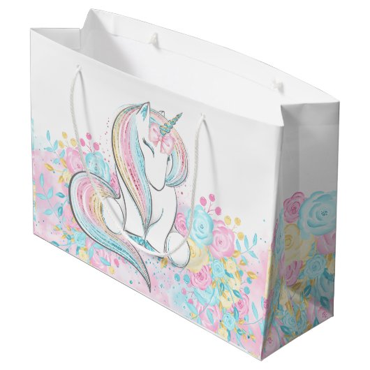 Pastel Unicorn Kinderdusche Große Geschenktüte (Rückseite Schrägansicht)