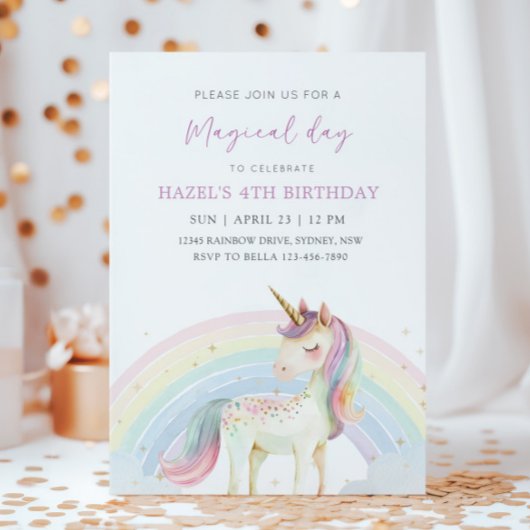 Pastel Unicorn & Rainbow Birthday Any Age Party Einladung