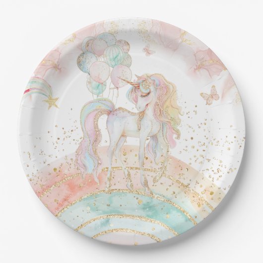 Pastel Unicorn Rainbow Birthday Pappteller (Vorderseite)