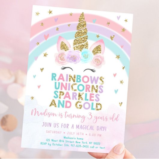 Pastel Unicorn Regenbogen Party Einhorn 5 Jahre ei Einladung