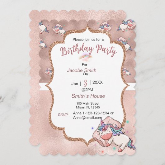 Pastel Unicorn schlafend Gruß Einladung (Vorne/Hinten)