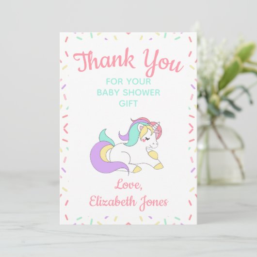 Pastel Unicorn Sprinkle Babydusche Danke Karte (Stehend Vorderseite)