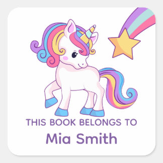 Pastel Unicorn "This Book Belongs" Kindername Quadratischer Aufkleber