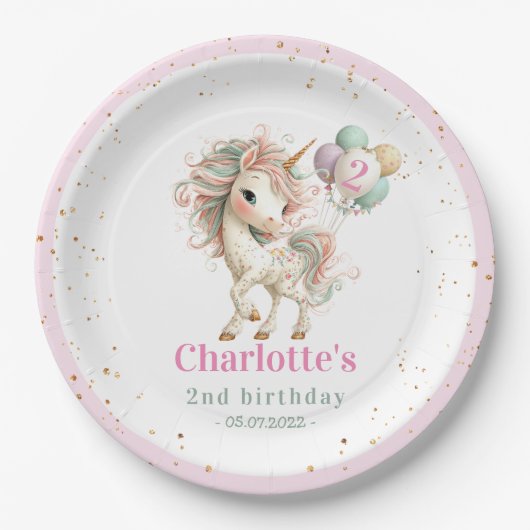 Pastel Unicorn with Balloons Birthday Pappteller (Vorderseite)