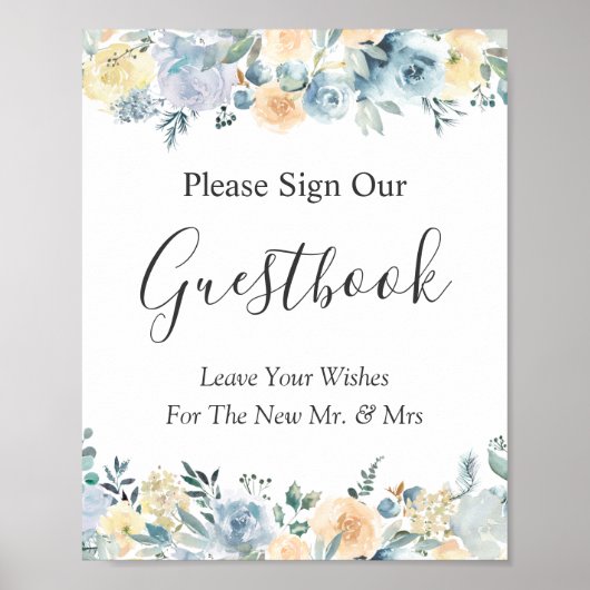 Pastel Vanilla Blue Floral Wedding Gästebuchunters Poster (Vorne)