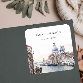 Pastel Venice Italy Canals Watercolor Wedding Quadratischer Aufkleber