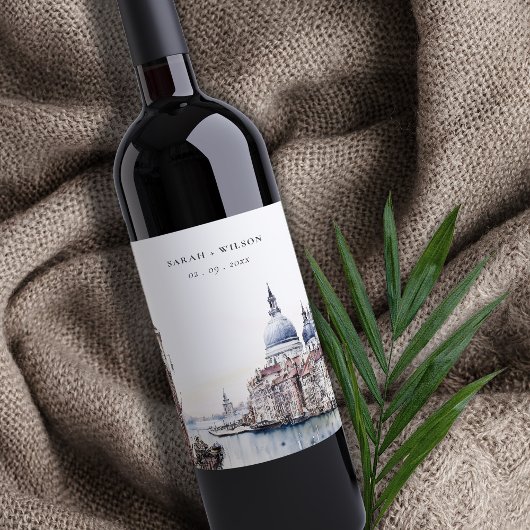 Pastel Venice Italy Canals Watercolor Wedding Weinetikett