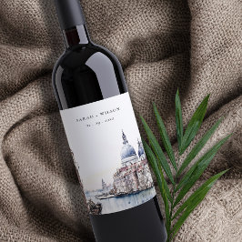 Pastel Venice Italy Canals Watercolor Wedding Weinetikett