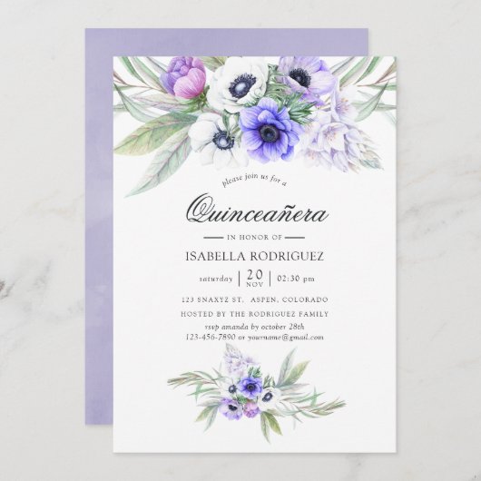 Pastel Violet Floral Quinceañera Einladung (Vorne/Hinten)