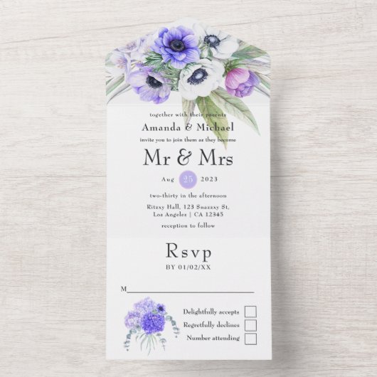 Pastel Violet Floral Wedding All In One Einladung (Innen Boden)