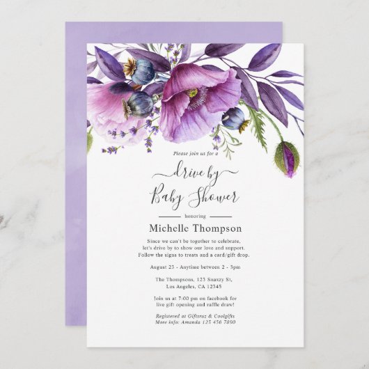 Pastel Violet Poppy Floral Drive by Dusche Einladung (Vorne/Hinten)
