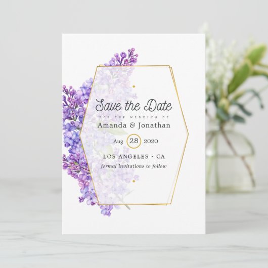 Pastel Violet und Gold Geometric Herbarium Hochzei Save The Date (Stehend Vorderseite)