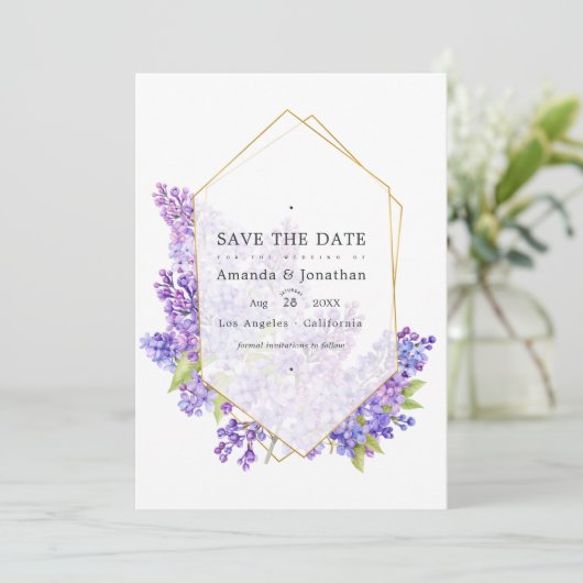 Pastel Violet und Gold Geometric Herbarium Hochzei Save The Date (Stehend Vorderseite)