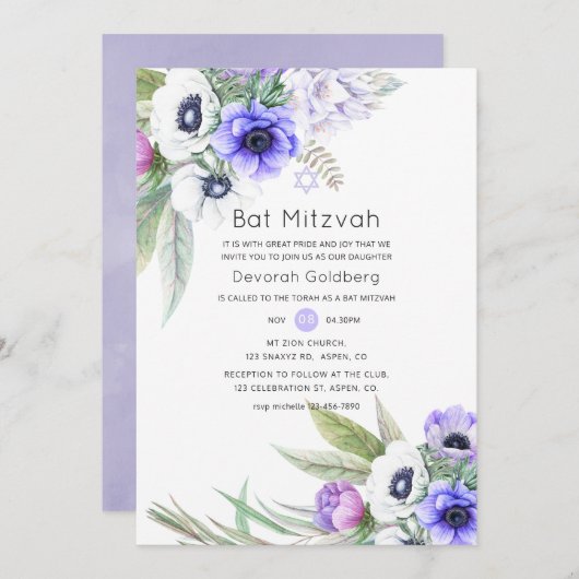 Pastel Violet und Plum Floral Bat Mitzvah Einladung (Vorne/Hinten)