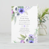 Pastel Violet und Plum Floral Heilige Kommune Einladung (Stehend Vorderseite)