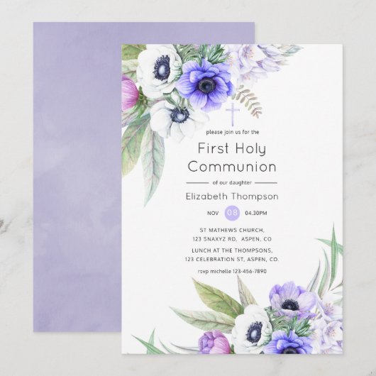 Pastel Violet und Plum Floral Heilige Kommune Einladung (Vorne/Hinten)