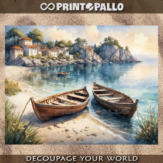 Pastel von 2 Ruderbooten am Ufer in Küstensicht Seidenpapier