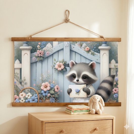 Pastel-Waschbär-Briefgarten Wandteppich Mit Holzrahmen