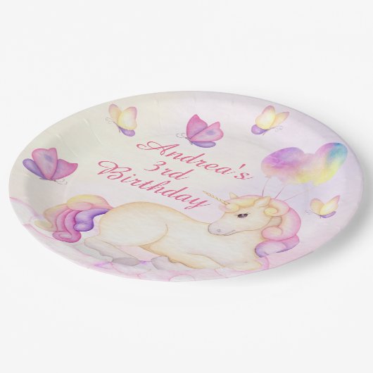 Pastel Wasserfarbe Einhorn und Balloons Pappteller (Schrägansicht)