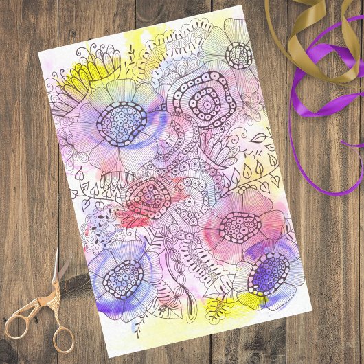 Pastel Wasserfarbe und Tinte Blumendoodle Linie Ar Seidenpapier