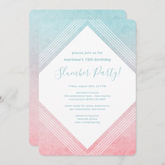 Pastel Watercolor Birthday Slumber Party Aqua Einladung (Vorne/Hinten)