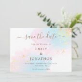 Pastel Watercolor Blue Gold Pink Wedding Save The Date (Stehend Vorderseite)